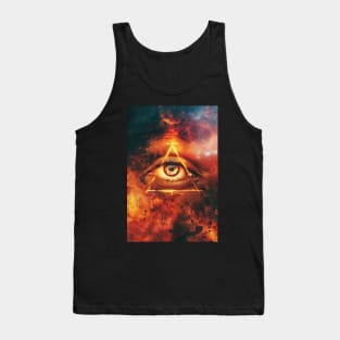 print with a Masonic sign symbol of the Illuminati eyes on fire in the pyramid Tank Top